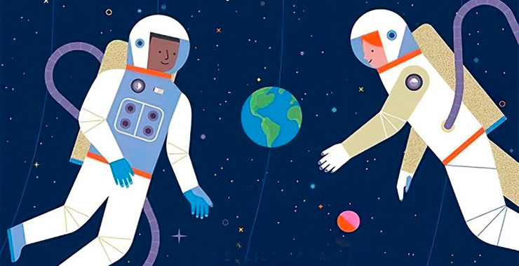 Extrait de la couverture de "Comment devenir un astronaute ? et autres métiers de l'espace" de Sheila Kanani (ed. Gallimard Jeunesse)